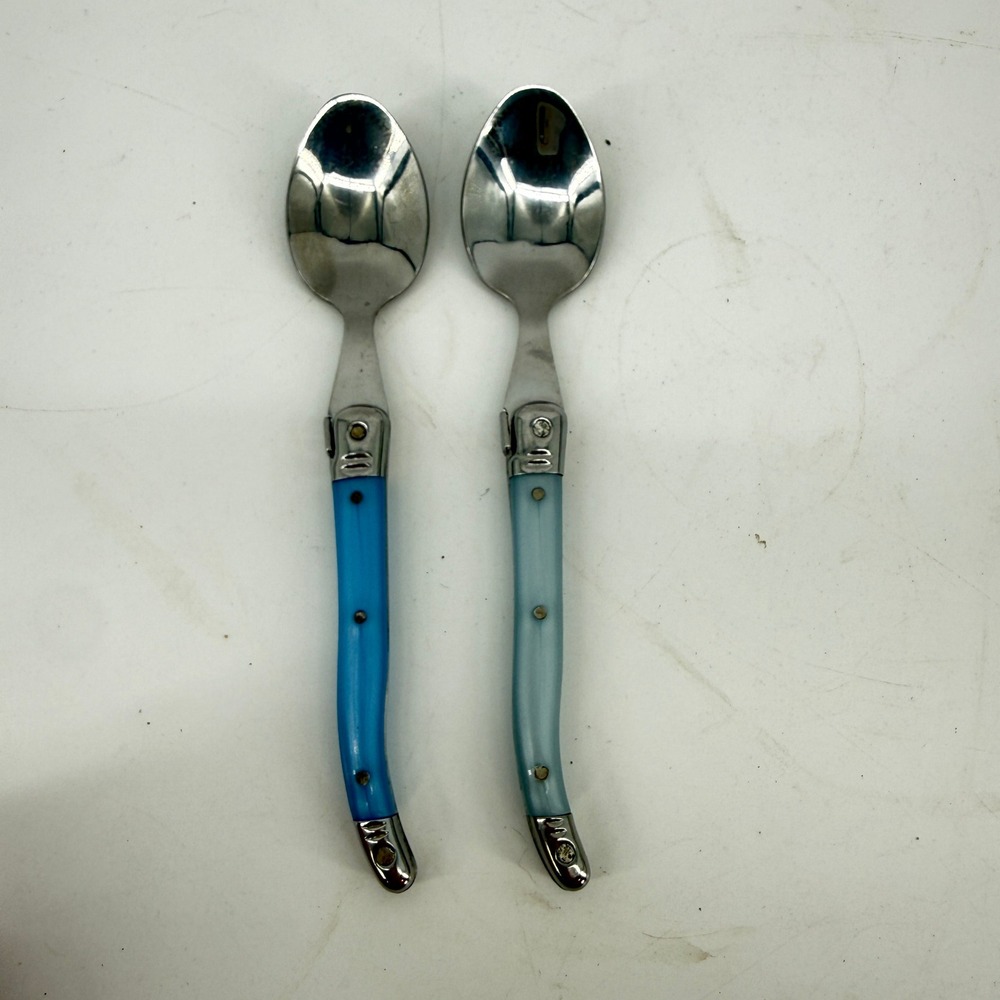 Laguiole Teaspoon Set 2pc Blue Pale Blue Stainless Steel French Style Spoons